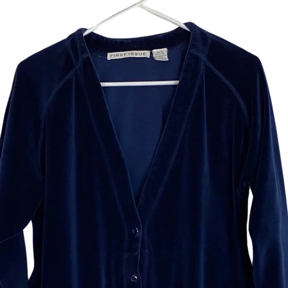 Vintage 90s Velour Grandma Cardigan Size Small Navy Blue Retro Velvet Shirt Top